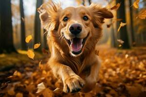 Herbst froh Geist ein golden Retriever Laufen durch gefallen Blätter ai generiert foto