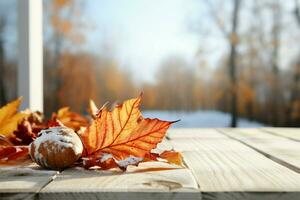 gefallen Herbst Blätter Kontrast schön gegen das Weiß hölzern Tabelle ai generiert foto