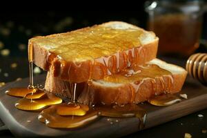 Küche Scheiben von Brot nieselt mit golden, üppig Honig ai generiert foto