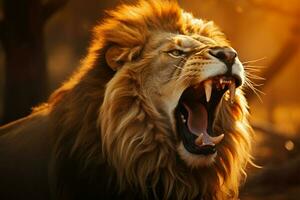 majestätisch männlich Löwe mit öffnen Mund, ein erbittert, brüllend Urwald König ai generiert foto