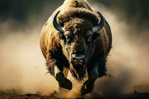 mächtig wild Bison Laufen gefangen im ein atemberaubend Nahansicht Schuss ai generiert foto