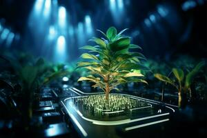 Technik Gefahren Anbau ermöglicht das beschwingt Wachstum von ein futuristisch Pflanze ai generiert foto