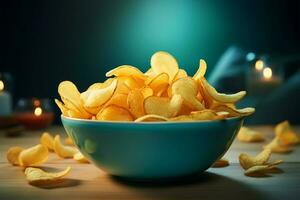verlockend Kartoffel Chips ordentlich vereinbart worden im ein Snack bereit Schüssel ai generiert foto