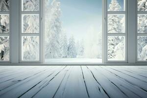 durch das Weiß hölzern Fenster, ein friedlich Winter Landschaft taucht auf ai generiert foto