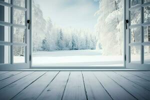 ein heiter Winter Szene angesehen durch ein Weiß hölzern Fenster Rahmen ai generiert foto