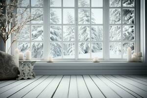 ein still Winter Tableau gerahmt durch das Weiß hölzern Fensterscheibe ai generiert foto