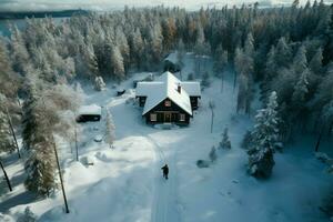 Antenne Winter Kabine Szene im Schweden, mit ein einsam Mann ai generiert foto