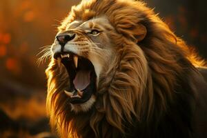 König von das Dschungel, ein majestätisch Löwe brüllt mit Scheu inspirierend Macht ai generiert foto