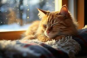 still Winter Moment Ingwer Katze schlummert durch das komfortabel Fensterbrett ai generiert foto