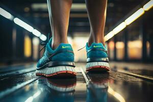 Laufband Ausbildung schließen oben von ein mans Füße im Sport Schuhe ai generiert foto