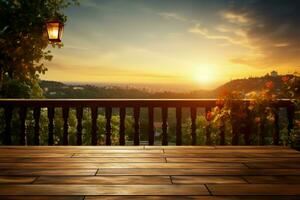 Toskana Träume hölzern Hintergrund, verschwommen Balkon, und Sonnenuntergänge warm Umarmung ai generiert foto