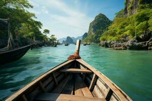 an Bord ein lange Schwanz Boot, Zeuge fesselnd Insel und Meer Landschaft ai generiert foto