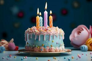 beschwingt 1 Jahr Kuchen, einstellen gegen Pastell- Hintergrund, Geburtstag Freude scheint ai generiert foto