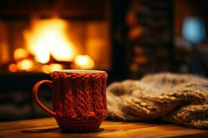 warm Kamin Szene Becher im ein gestrickt Fäustling, Erstellen magisch Gemütlichkeit ai generiert foto