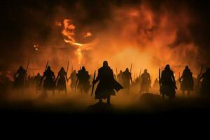 Krieger im mittelalterlich Kampf, Silhouetten Stand aus gegen nebelig Hintergrund ai generiert foto