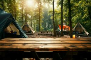Wildnis Rückzug ein hölzern Tabelle inmitten Wald Camping und Zelte ai generiert foto