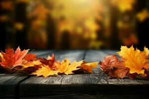 hölzern Tabelle geschmückt mit bunt Herbst Blätter, ein saisonal Szene ai generiert foto