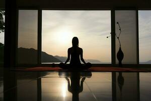 Yoga heiter Umarmung silhouettiert zahlen finden Balance und Entspannung drinnen ai generiert foto