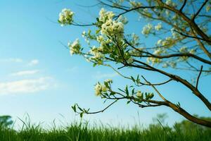 schön Tag Grün Baum, detailliert Geäst, Weiß Blumen, und Blau Himmel ai generiert foto