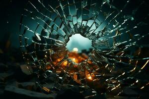 Kugeln Pfad links kreisförmig Risse ausstrahlen von zerschlagen Fenster Loch ai generiert foto