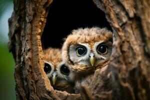 charmant Eule Küken spähen von Baum hohl Nest, Kopieren Raum ai generiert foto