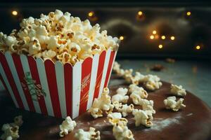 filmisch Ambiente gefangen durch Popcorn und Klappe, ein Film Konzept ai generiert foto