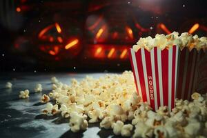 filmisch Ambiente gefangen durch Popcorn und Klappe, ein Film Konzept ai generiert foto