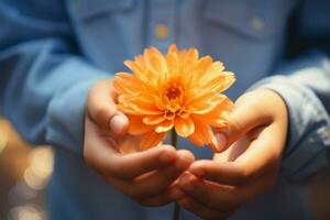 ein Blume ist sanft gehaltenen durch das winzig Hände von ein Kind ai generiert foto