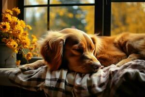 gemütlich Herbst Szene ein verträumt Hund Nickerchen durch das warm Fensterbrett ai generiert foto