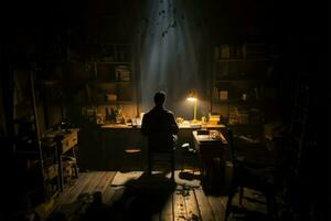 Puppenhaus Leben Zimmer im das dunkel, Mann auf Tisch, Pandemie Erinnerung ai generiert foto
