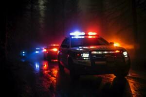 Notfall Antwort Polizei Autos Verfolgungsjagd durch das Nebel beim Nacht ai generiert foto
