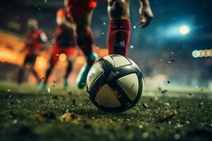 Fußballer präzise Beinarbeit auf Anzeige im das Stadion mit das Ball ai generiert foto