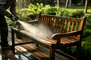 konzentriert Reinigung Person Druck wäscht Garten Möbel Bank unter das Sonne ai generiert foto