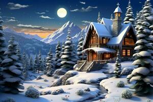 Haus eingebettet im ein heiter Winter Wunderland, ein malerisch Szene ai generiert foto