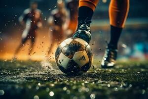 heftig schließen oben Fußball Spieler Fuß geschickt manipuliert das Ball, Stadion ai generiert foto