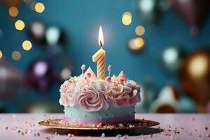 isoliert Pastell- Charme, 1 Jahre Kuchen scheint im Geburtstag Feier ai generiert foto