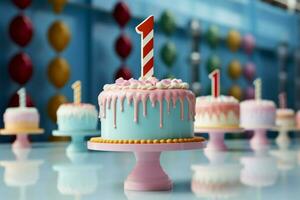 isoliert Pastell- Szene, 1 Jahr Kuchen steht, bunt Geburtstag Freude ai generiert foto