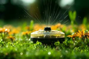 Rasen Bewässerung automatisch Sprinkler System konserviert Wasser, mit einstellbar Kopf ai generiert foto