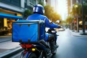 Motorrad Lieferung Blau gekleidet Kurier Transporte Pakete mit Geschwindigkeit und Effizienz ai generiert foto