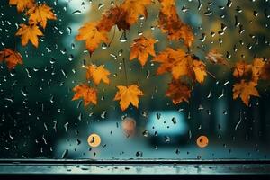 regnerisch Tag Hintergrund mit draussen Fenster mit herbstlich Blatt Dekor ai generiert foto