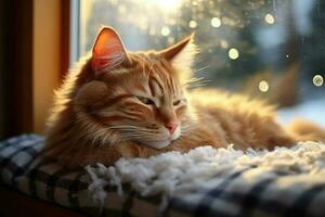 entspannt Ingwer Katze genießt ein warm Fensterbrett Barsch auf ein winterlich Tag ai generiert foto