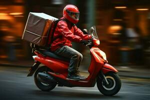 Roller Kurier mit ein rot Rucksack Geschwindigkeiten zu liefern Essen Aufträge ai generiert foto