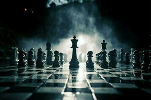 selektiv Fokus auf Schach Stücke im ein nebelig, strategisch Schlachtfeld ai generiert foto