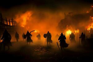 silhouettiert Kavallerie und Infanterie engagieren im ein nebelig mittelalterlich Scharmützel ai generiert foto