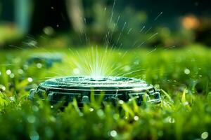 Clever Sprinkler System Wasser Grün Rasen, konservieren Wasser mit einstellbar Kopf ai generiert foto