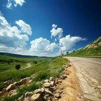 idyllisch Sommer- Szene ein Straße führt zu ein Hügel unter klar Himmel ai generiert foto