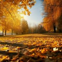 ein sonnig Herbst Szene mit Ahorn Bäume und golden gefallen Blätter ai generiert foto