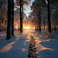 Winter Dämmerung im das Wald, das Sonnen warm Winter Abschied ai generiert foto
