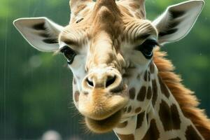 ein detailliert Giraffe schließen oben durch das Fenster, verbinden mit Sie ai generiert foto