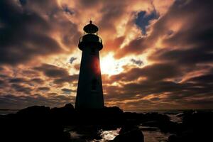 Küsten Wächter Leuchtturm Silhouette Frames das still, Meer geküsst Landschaft ai generiert foto